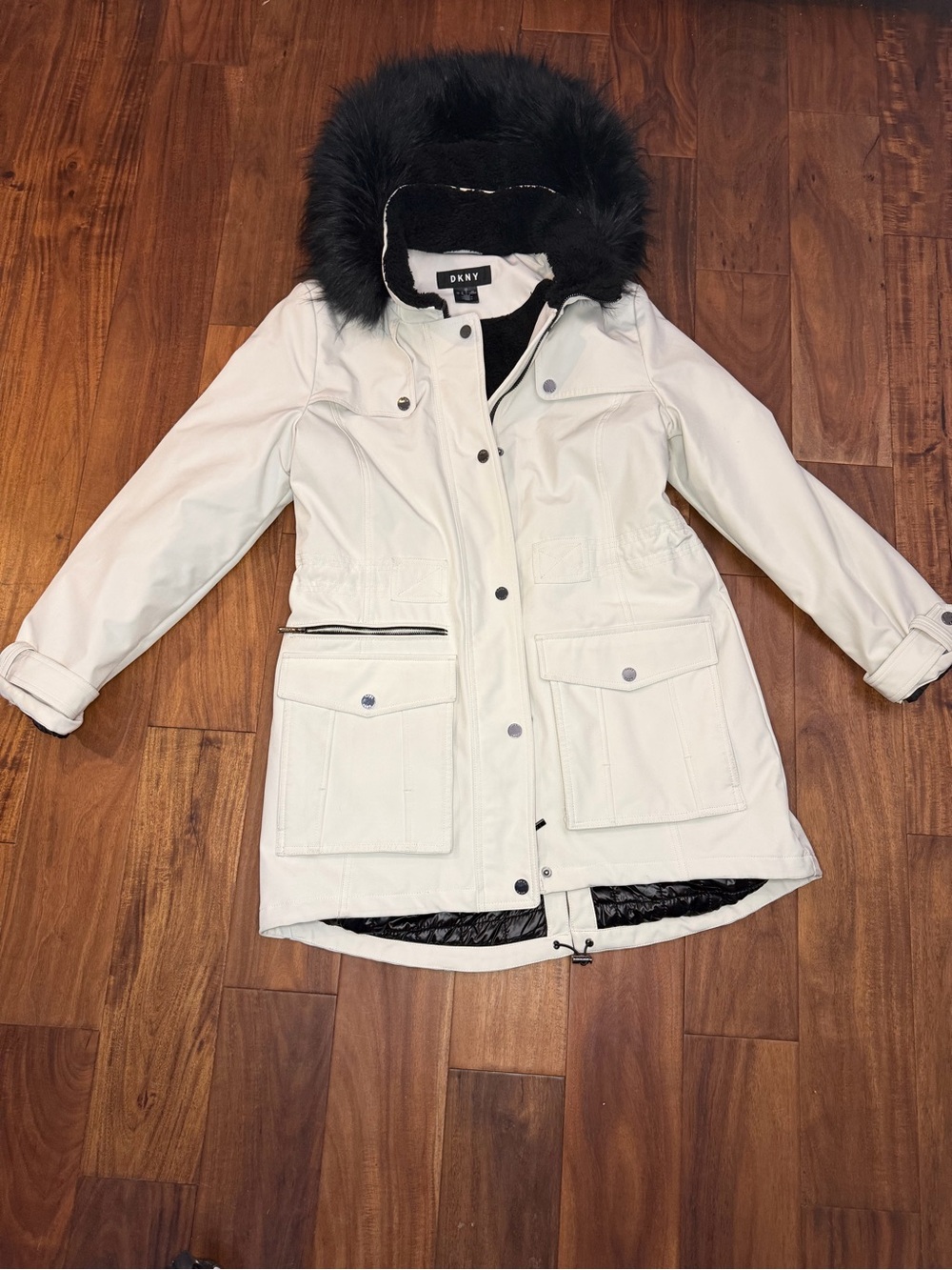 Dkny White Parka Coat with Black Faux Fur Hood